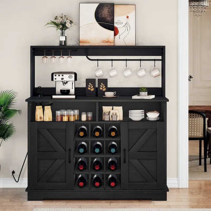 Bar Cabinet with Wine Rack and Power Outlets - 12-Bottle Storage (Black & Grey/White & Wood)