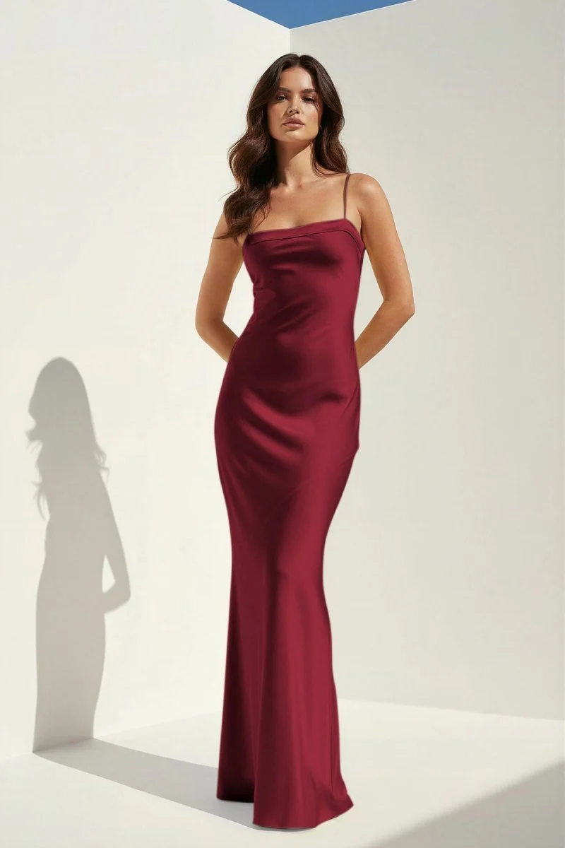 Yellow Spaghetti Straps Sheath Satin Open Back Long Prom Dresses