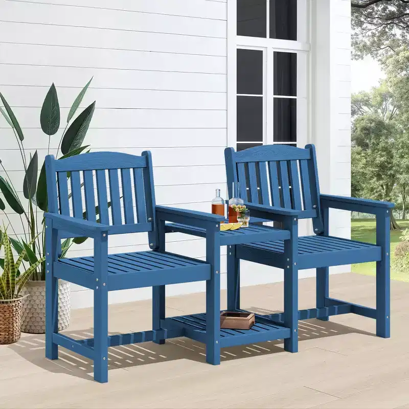 Hyleory HDPE Double Outdoor Chair with 2-Tier Side Table, Weather Resistant Patio Loveseat with Built-In Table