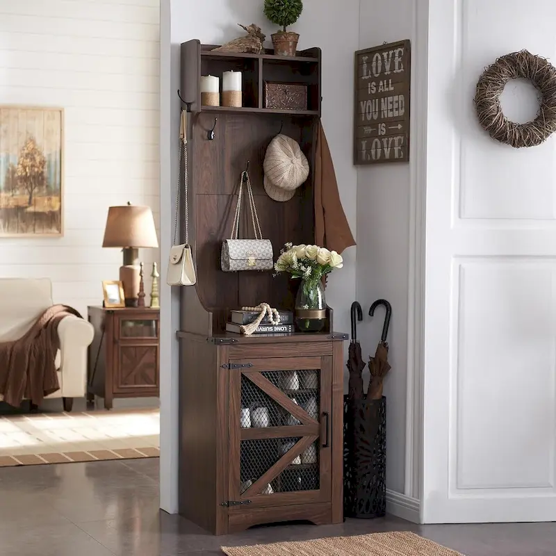 23 Wide Farmhouse Entryway Bench with Coat Rack, Hall Tree Cabinet
