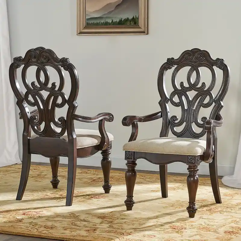 Traditional Hardwood Dining with Double Pedestal Table & Carved Chairs – Pecan, Seats up to 10