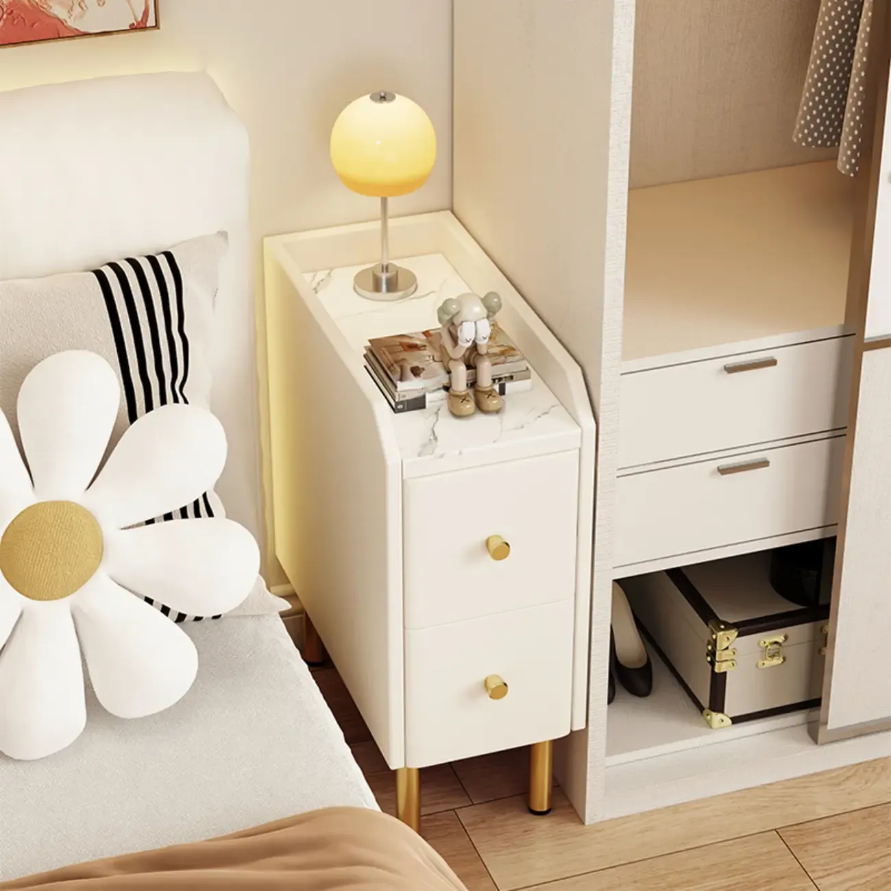 Trendy Narrow Stone Countertop 2 Tiers Drawer Nightstand