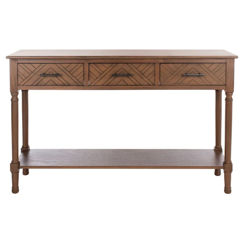3-Drawer Console Table with Herringbone Pattern and Bottom Shelf