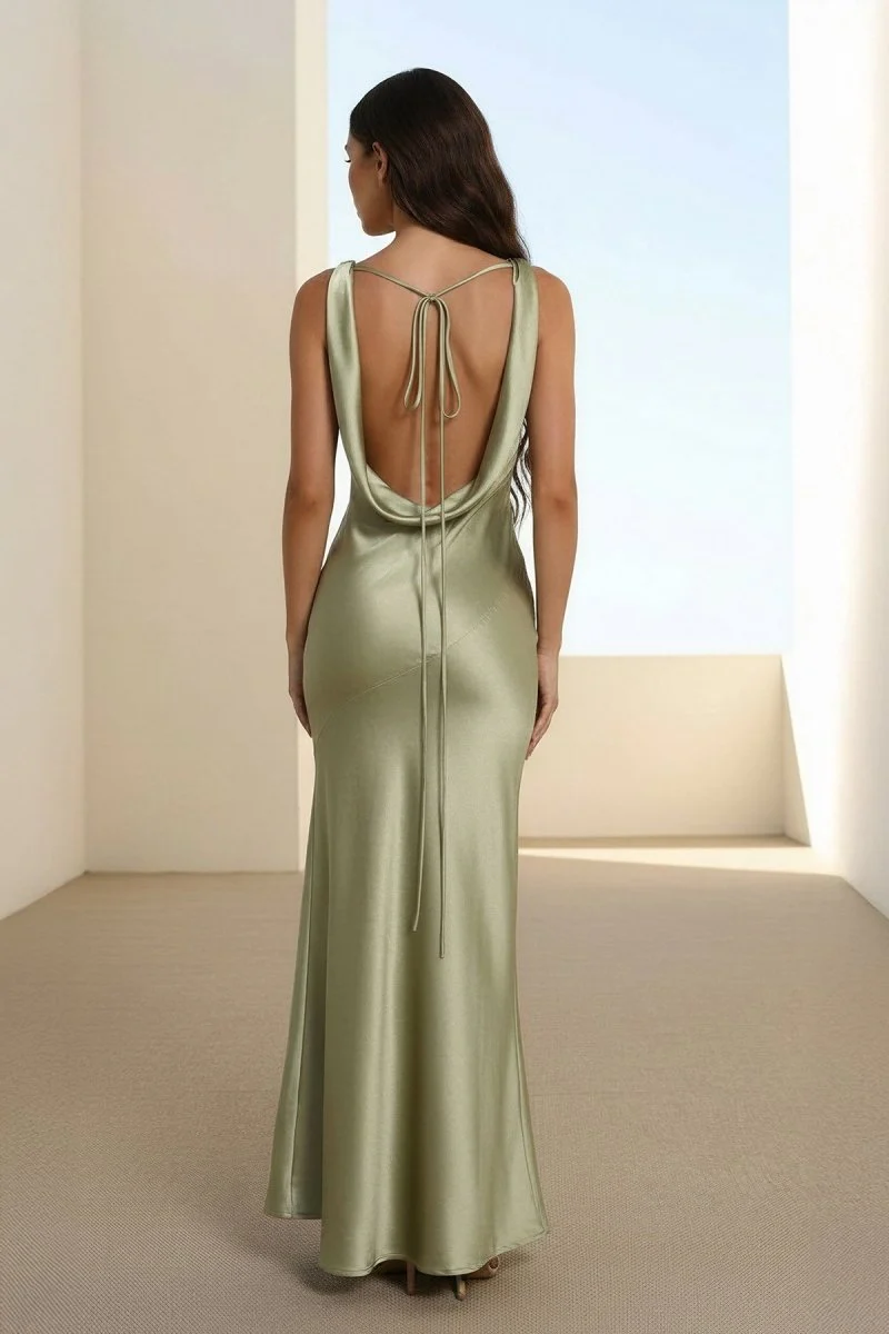 Sage V Neck Sheath Satin Open Back Long Prom Dresses