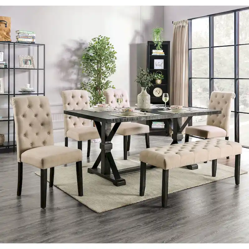 Chalwa Rustic Wood Upholstered 6-Piece Dining Set with Table and 4 Chairs and 1 Bench by Copper Grove