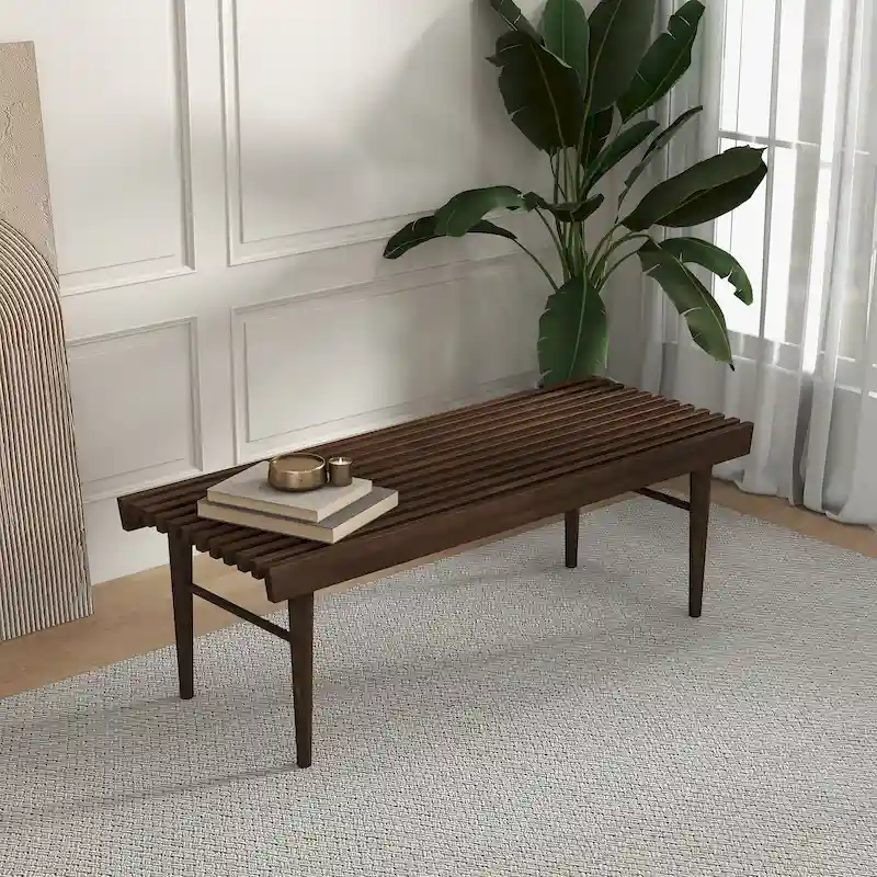 Silvie Mid-Century Solid Wood Upholstered Bench in Brown