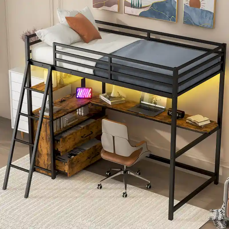 Black Twin Loft Bed with Desk, Drawers & LED Light, 1-Person