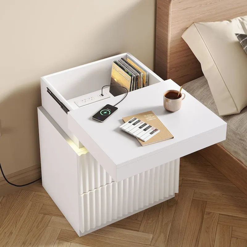 JASIWAY LED Night Stand Bedside Table with Charging Station- Set of 2