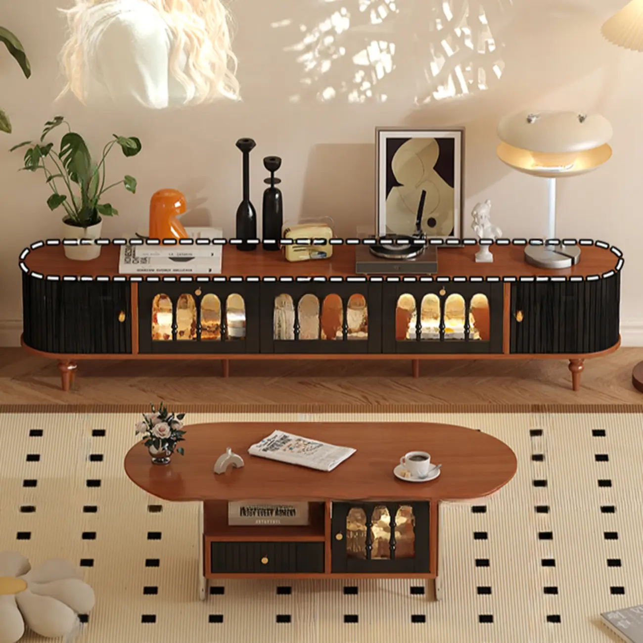 Warm Shaker Wood TV Stand with Cable Management & Light & 4-Cabinet/5 Cabinets/6 Cabinets