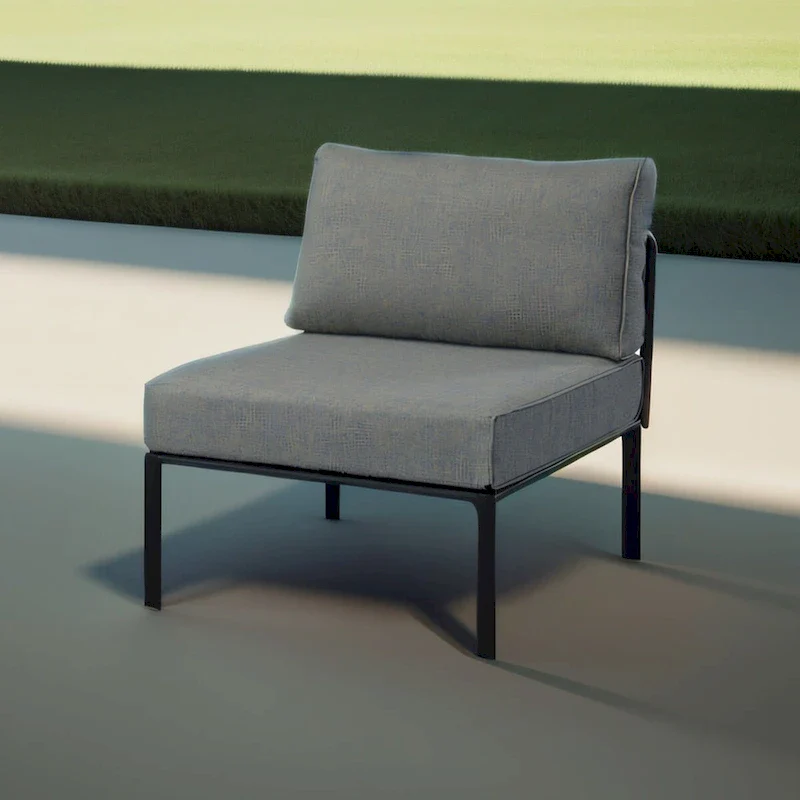 Patio Furniture Set: Armless Chair, Arm Chair, and Ottoman in Gray Fabric & Black Finish