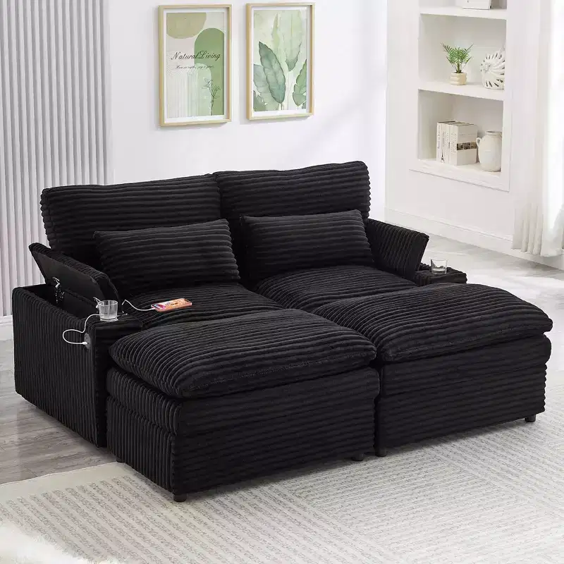 EHMKNP Modern 70.9 Sectional Loveseat Sofa with Storage, Ottomans, 4 Ports & 2 Cup Holders