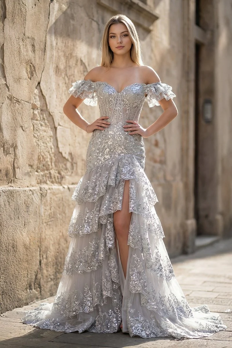 Sheath Off the Shoulder Long Lace Prom Dress (Lace-up Back)