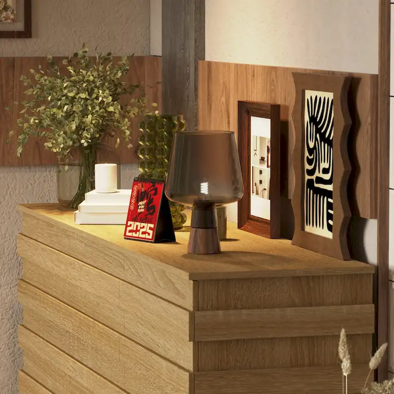 9 - Drawer Dresser Storage Cabinet: Light Wood Finish with a Modern Linear Design for Ample Storage