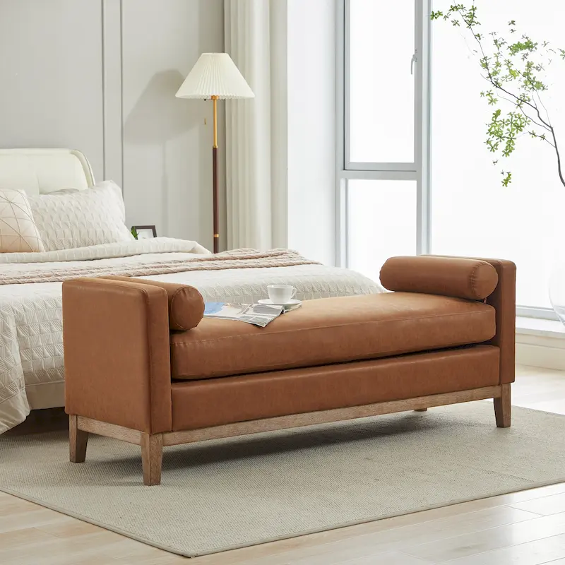 Gray / Brown / Ivory / Black Upholstered Bedroom Bench with Solid Wood Legs, Single