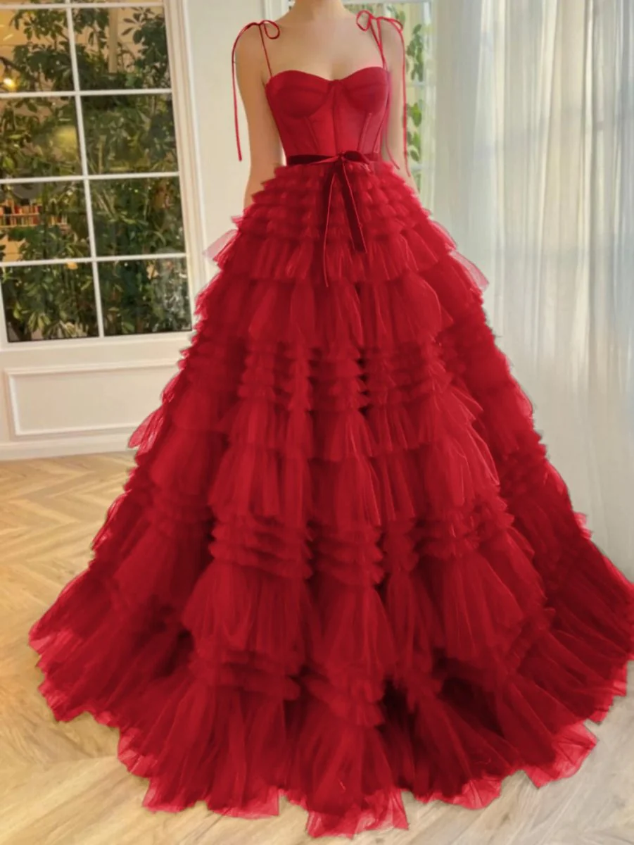 A Line Strapless Fuchsia Tiered Long Tulle Prom Dress