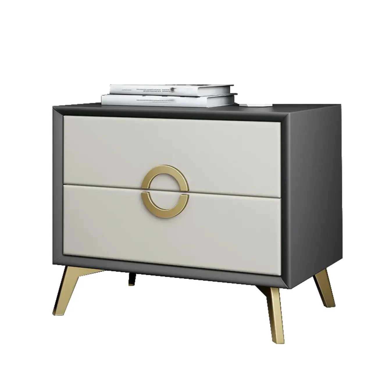 Chic Khaki Leather Gold Accents 2-Drawer Nightstand