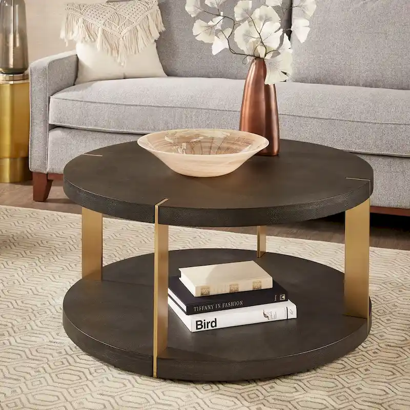 Vennesla Gold Finish Metal Dark Brown Faux Shagreen Round Table Set by iNSPIRE Q Bold