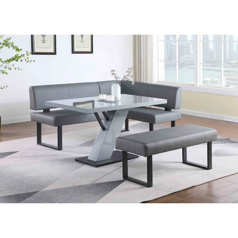 Somette Lillian 3-Piece Gloss Gray Dining Set with Dining Table, Nook and Bench