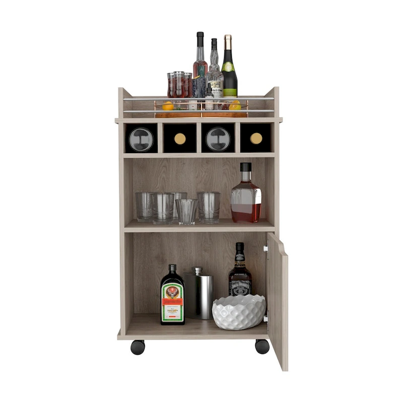 Bar Cart with 2 Open Shelves 4 Cubbies and Cabinet