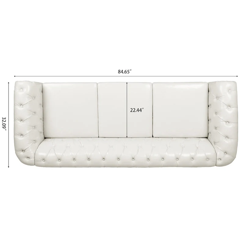 PU Leather 3-Seater Sofa with Button-Tufted Back & Rolled Arms – White, Chesterfield Style, Seats 3