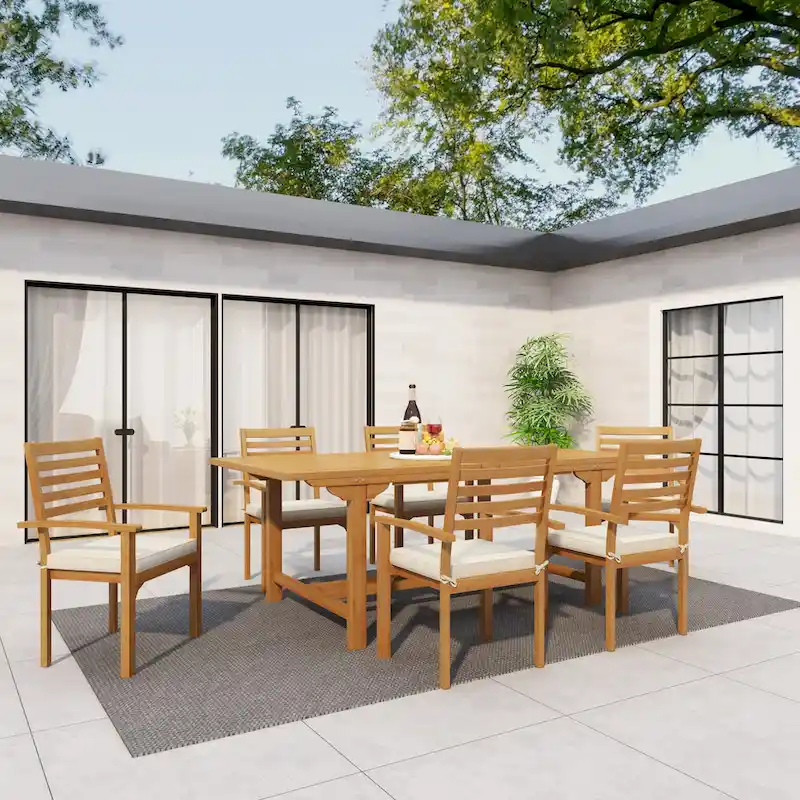 Teak Wood Outdoor Dining Set with White Cushions and Extendable Table Leaf - Set of 7 Brown - Roche River Decor