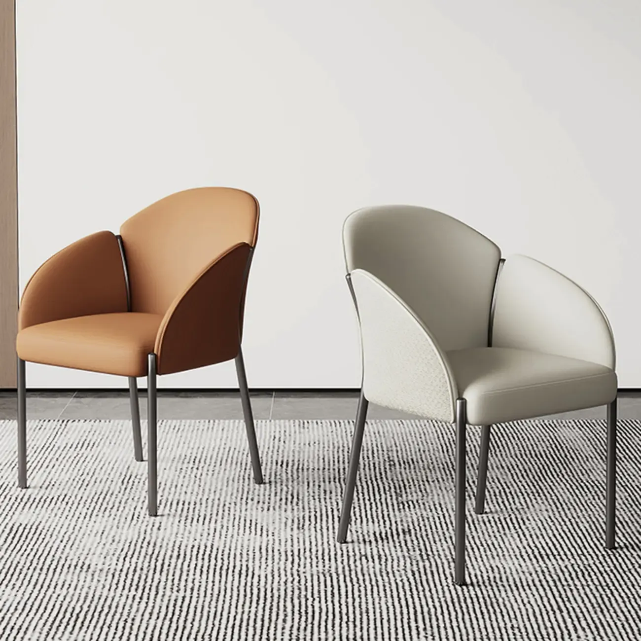 Art Deco Low Back Leather Dining Chair with Arms