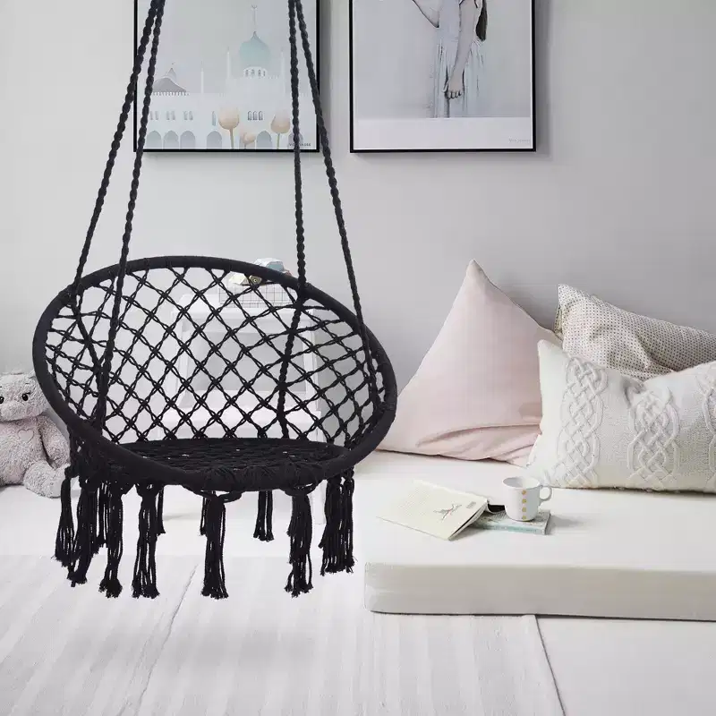 Okak Macrame Swing Chair with Max 330 Lbs Hanging Cotton Rope, Hanging Chair with Backrest, Outdoor Swing for Home or Garden, Black