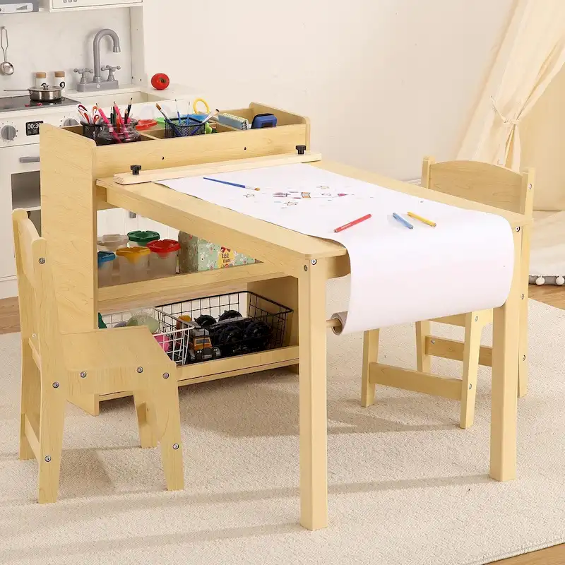 Kids Art Table with Chairs, Activity Desk with Storage Shelves