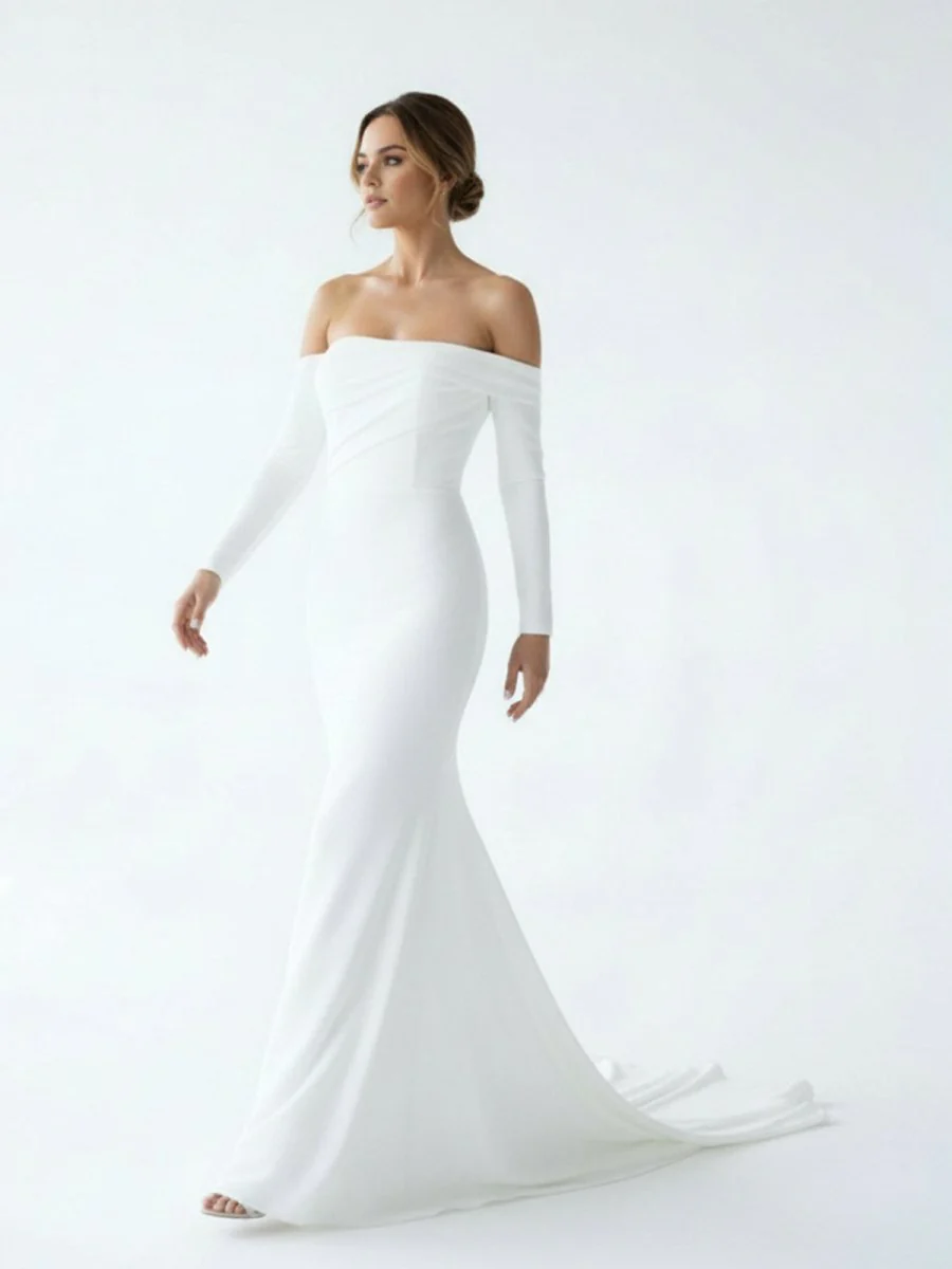 Simple White Boho Mermaid Long Wedding Dress with Sleeves