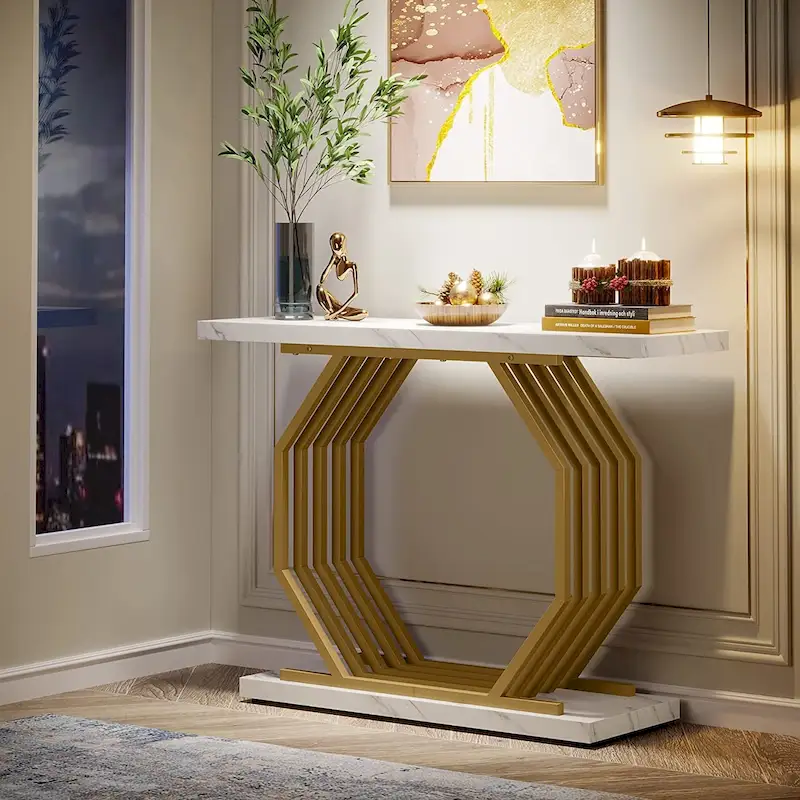 40 Inch Console Table with Faux Marble Top and Geometric Metal Base