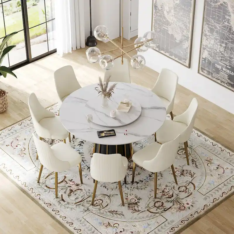 White Round Dining Table with Lazy Susan, Sintered Stone Top, Seats 6–8