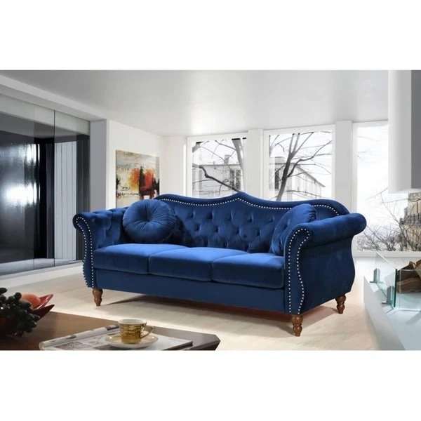Crushed Velvet Chesterfield Sofa with Nailhead Trim – Blue / Grey / Ivory / Green, Button-Tufted, Seats 3