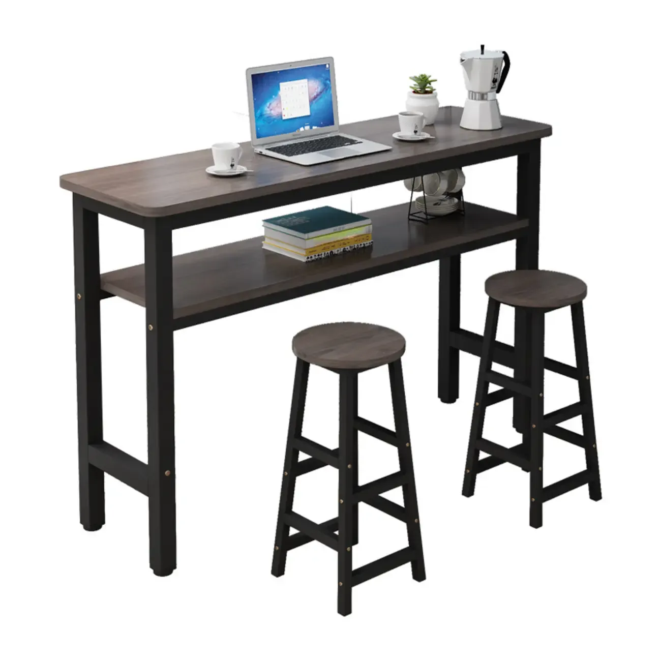 Rectangle Round Edge Wooden Bar Table Metal Base with Shelf