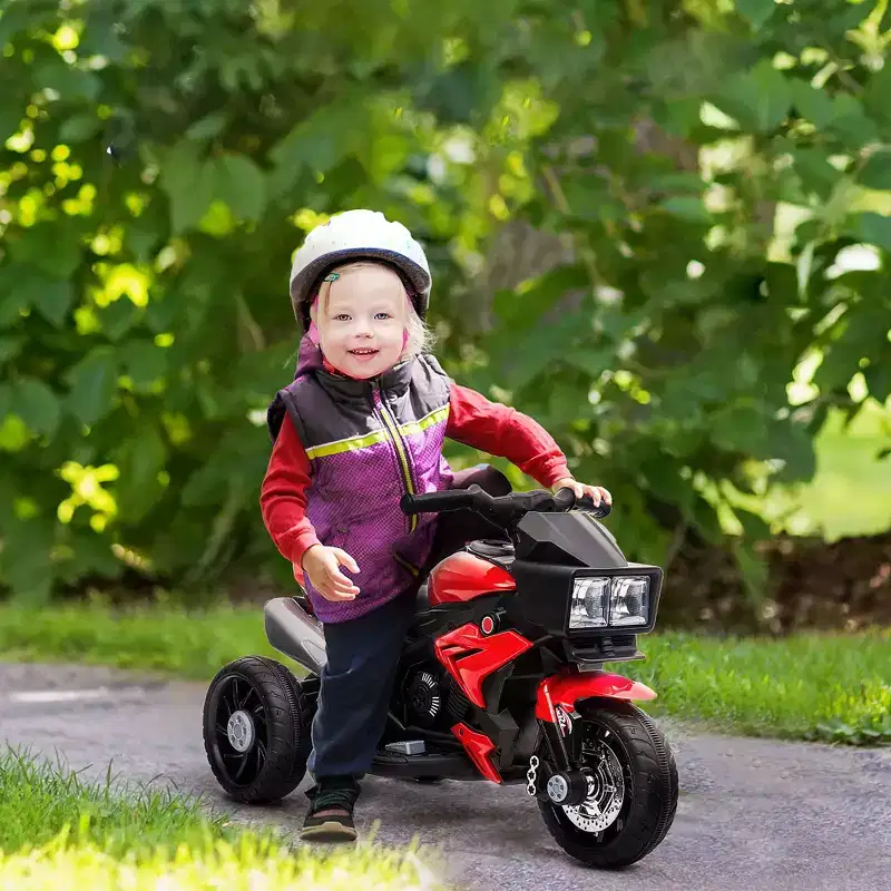 Kids Electric Motorcycle Ride-On with Headlights Music and Three-Wheel Stability Red