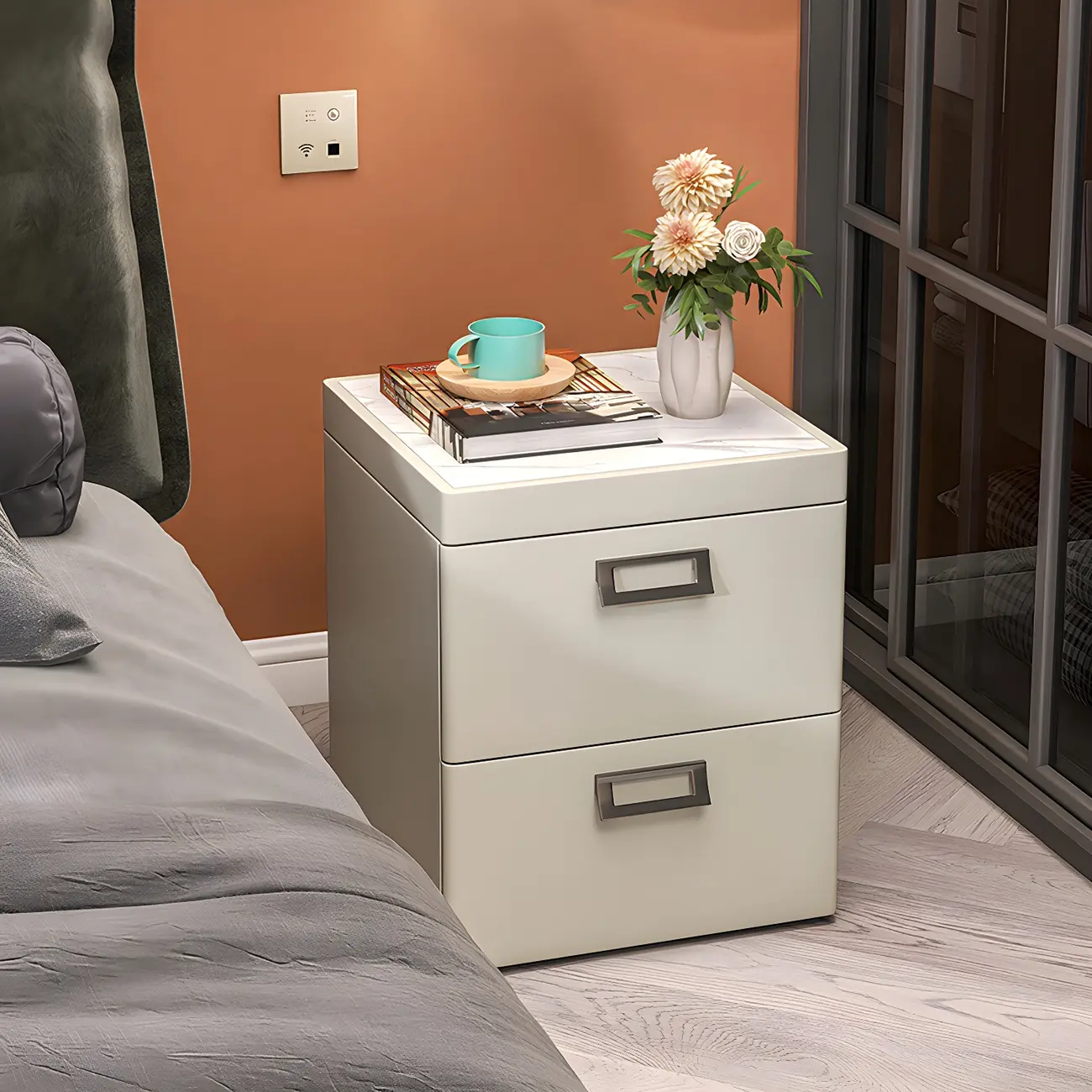 Modern Faux Leather 2 Drawers Nightstand with Stone Top