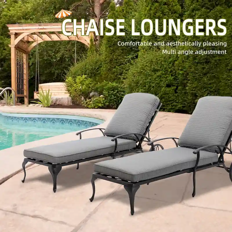 Aluminum Reclining Outdoor Chaise Lounge with Wheels and Cushions(set of 2)