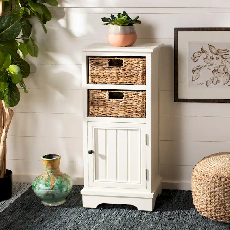 Distressed White Storage Cabinet with Wicker Baskets