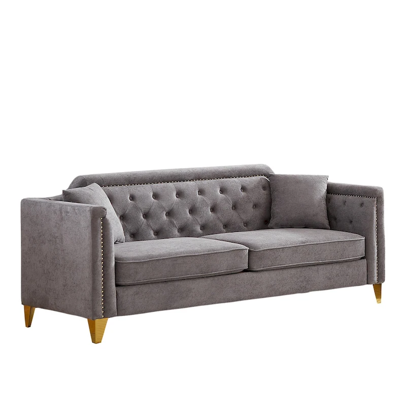 Grey 61.5 Chenille 3-Seater Tufted Sofa with Copper Nail Arms, 2 Pillows