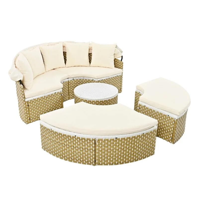 Round Patio Sectional Sofa Set  Two-Tone Rattan Daybed with Retractable Canopy & Modular Seating