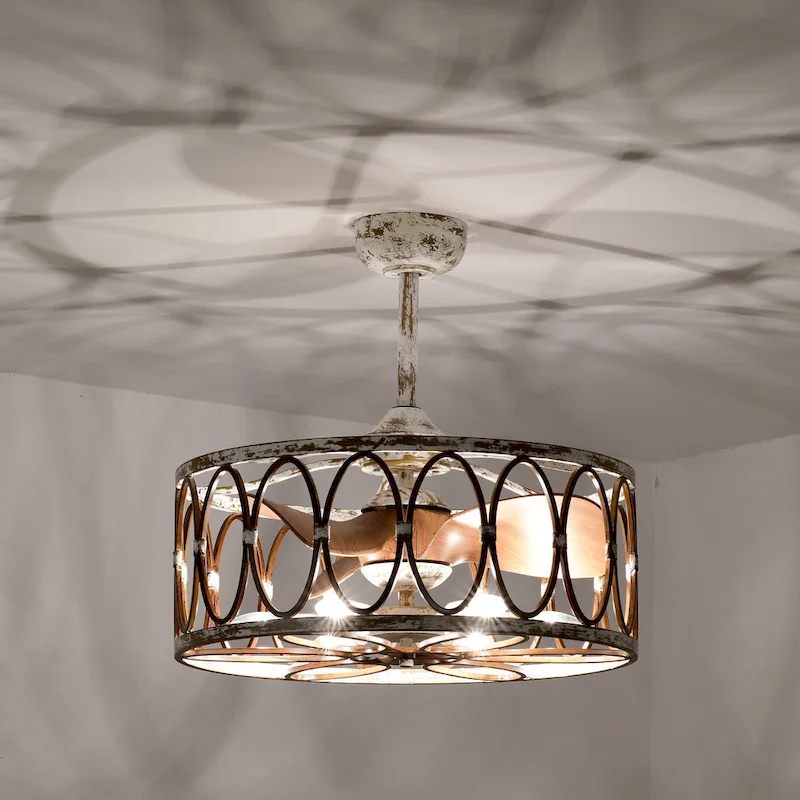 Kolleen 24-inch Weathered White and Imitation Wood 6 Lights 3 Blades Lighted Ceiling Fan with Remote