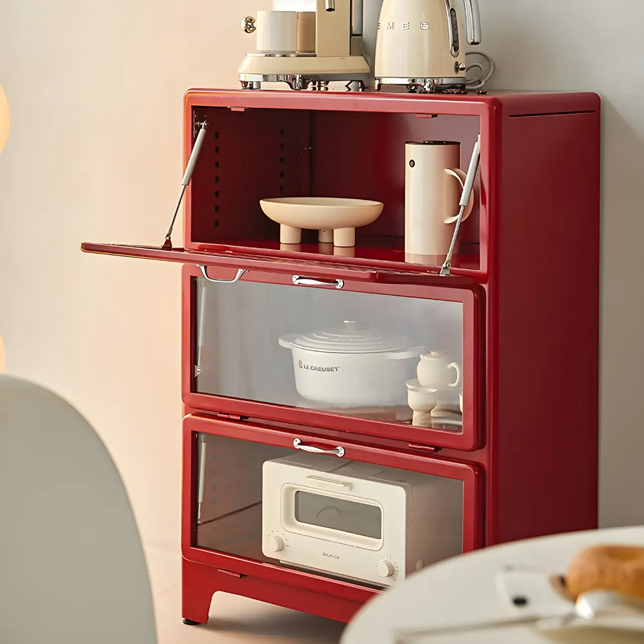 Glam Red Steel China Cabinet with Glass Doors for Dining Room