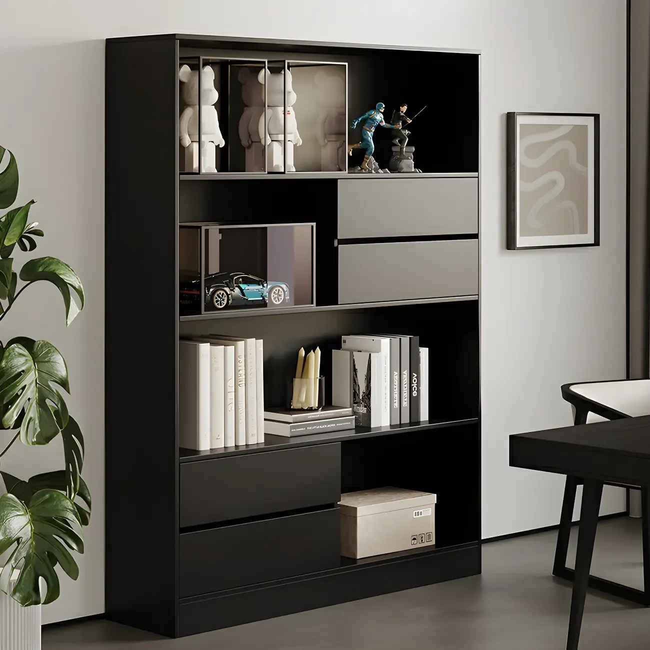 Contemporary Wood Multi-Shelf Black Storage Bookcase