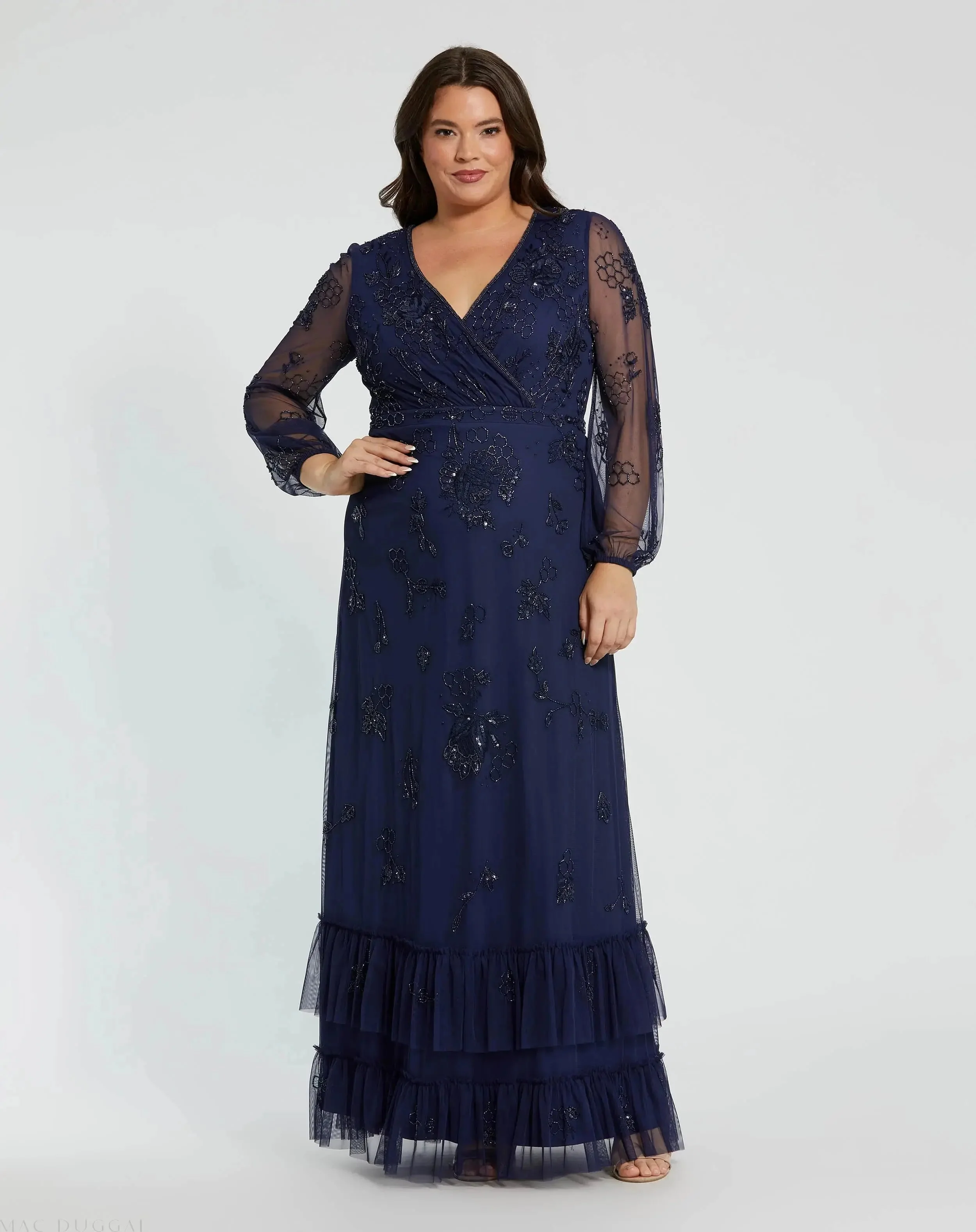 Puff Sleeve V-Neck Tiered Embellished Gown