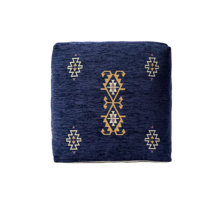 Sevita Navy/Mustard Traditional Damask Polyester Blend Pouf