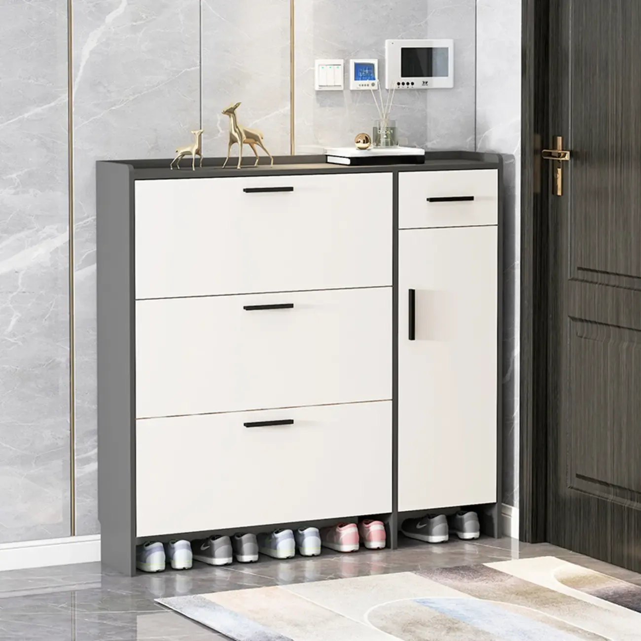 White Wood Shoe Cabinet with Flip Drawer for Entryway