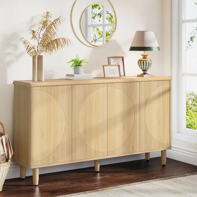 Modern Buffet Cabinet Sideboard with Push-Open Doors – Brown / Black / White, Interior Shelves