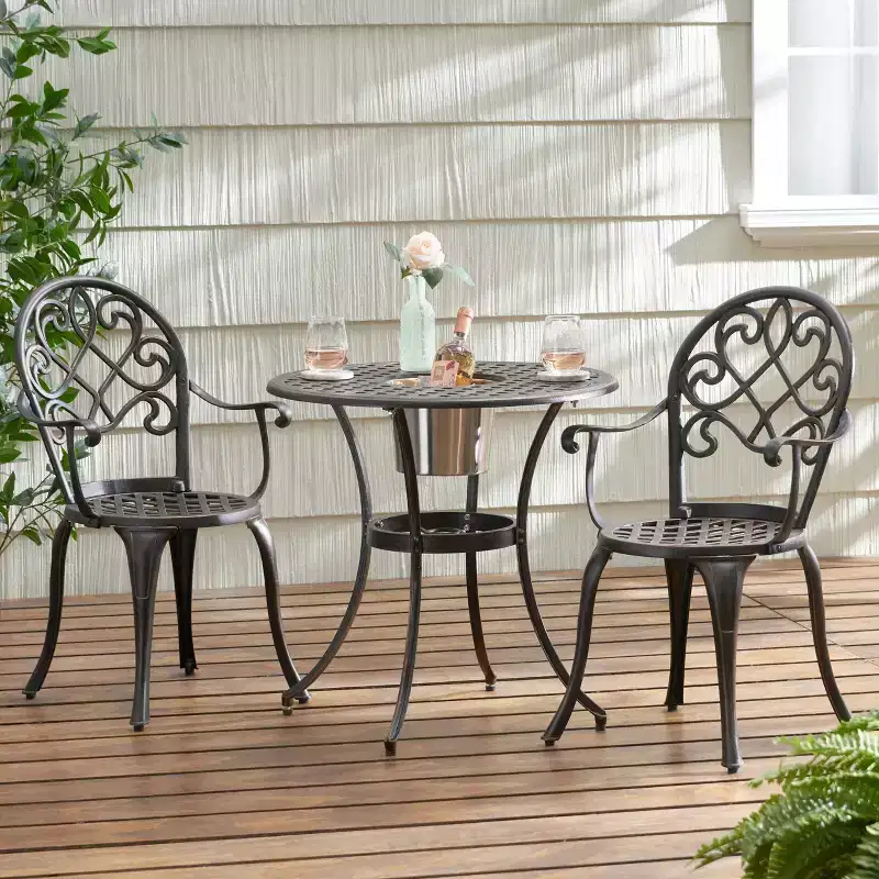 GDFStudio Berthoud Outdoor Cast Aluminum 3 Piece Bistro Set with Ice Bucket, Black Copper