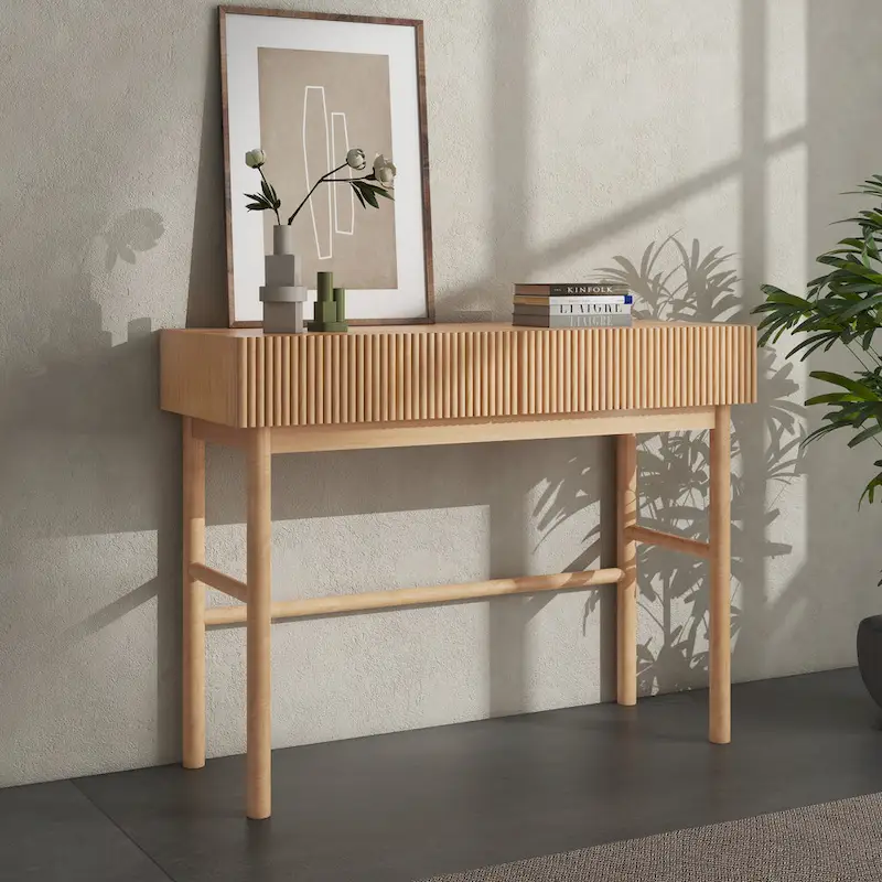Solid Wood Console Table with 2 Drawers - Natural Brown
