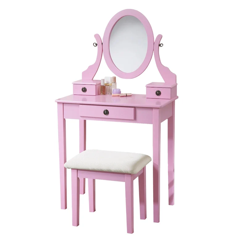 Roundhill Furniture Moniys Wood Moniya Makeup Vanity Table and Stool Set