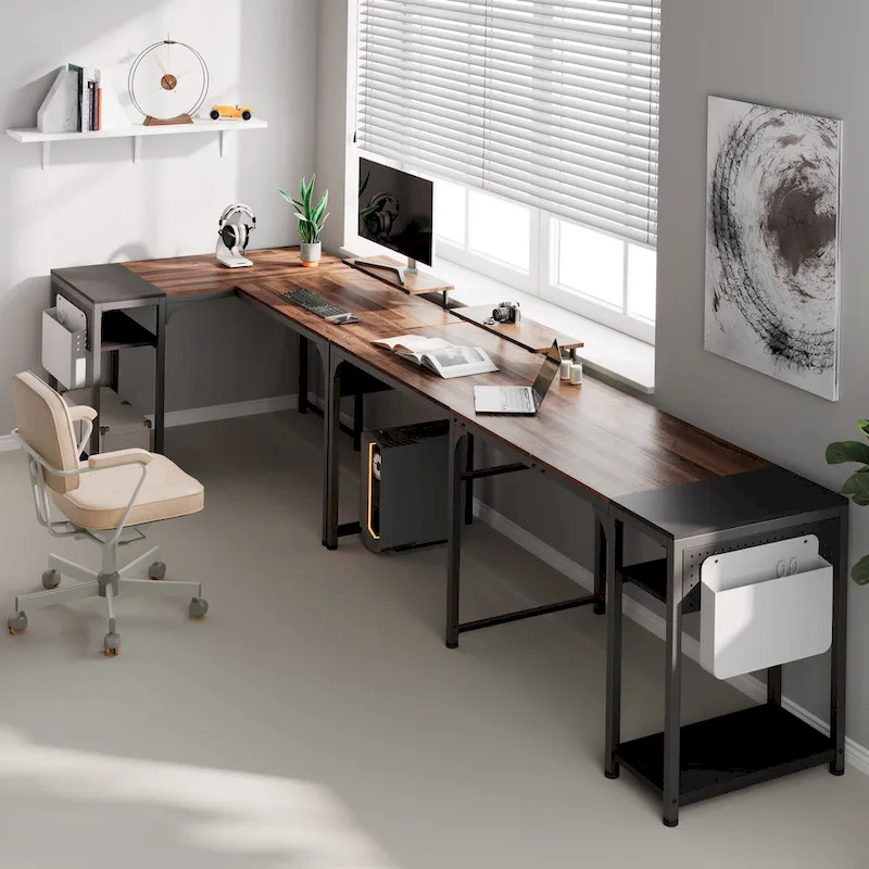 60 L-shaped Computer Desk Home Office Study Writing Desk with Monitor Stand and Storage Shelf